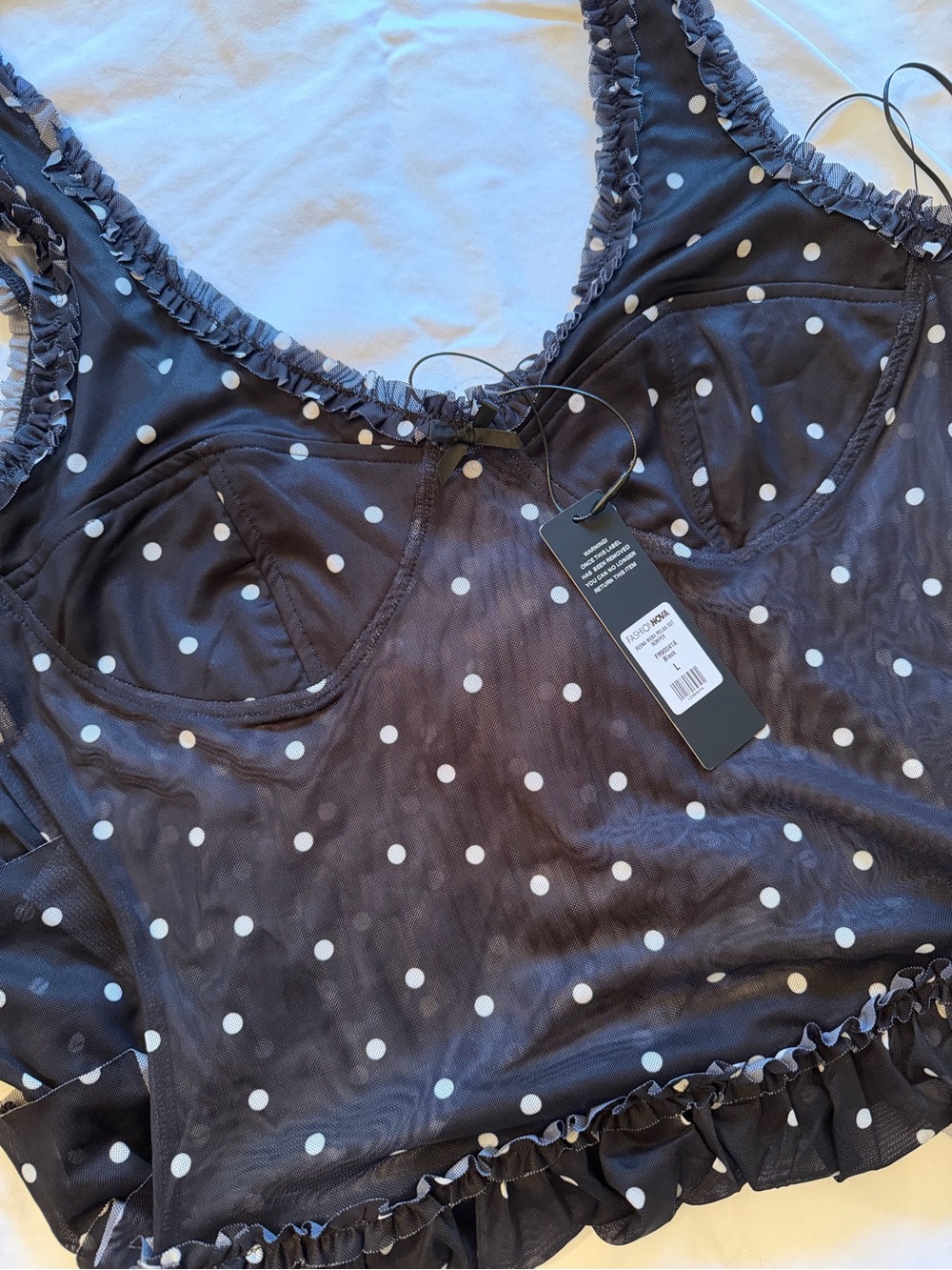 Fashion Nova Black Polka Dot Mesh Ruffled Romper - Picture 4 of 6